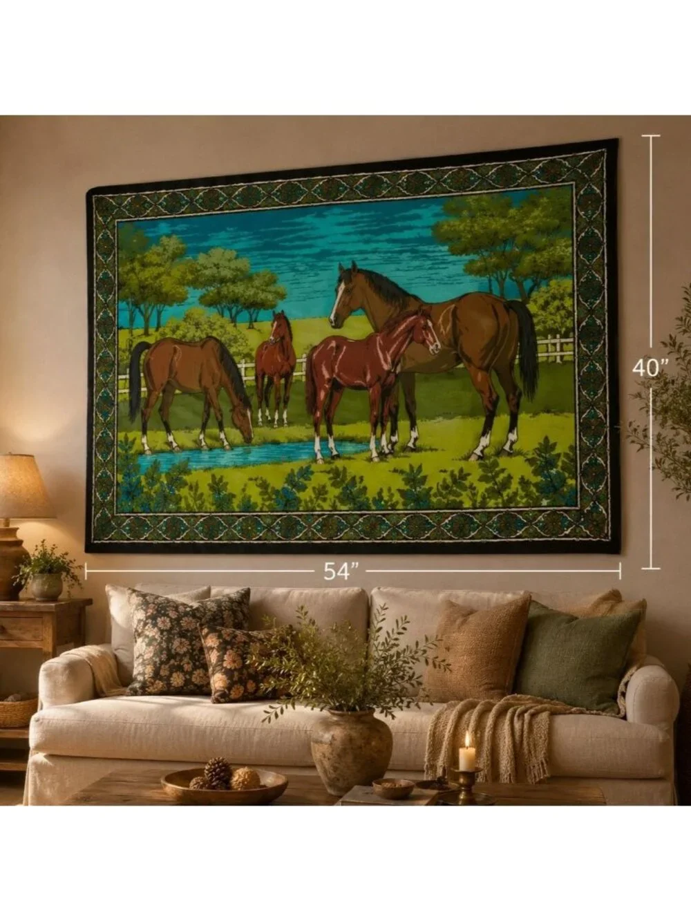Vintage Horse Tapestry Wall Hanging 40 x 54 Mid Century Rustic Equestrian Decor